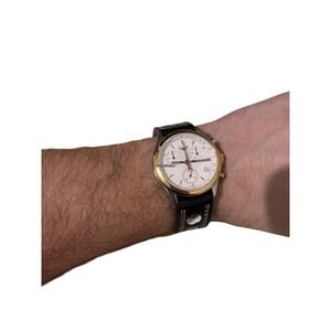 Longines  Chronograph Two Tone White Dial Black Leather Rally Strap Watch